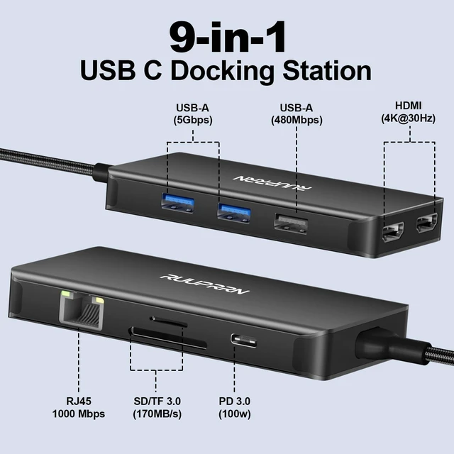 Alt view image 2 of 7 - USB C Docking Station Dual Monitor, 9 in 1 USB-C Dock with 2 HDMI Laptop Docking Station with 4K@30Hz HDMI, 5Gbps USB A 3.0, 1 Gbps Ethernet, SD/TF, 100W PD,USB C to HDMI Dongle for Laptop