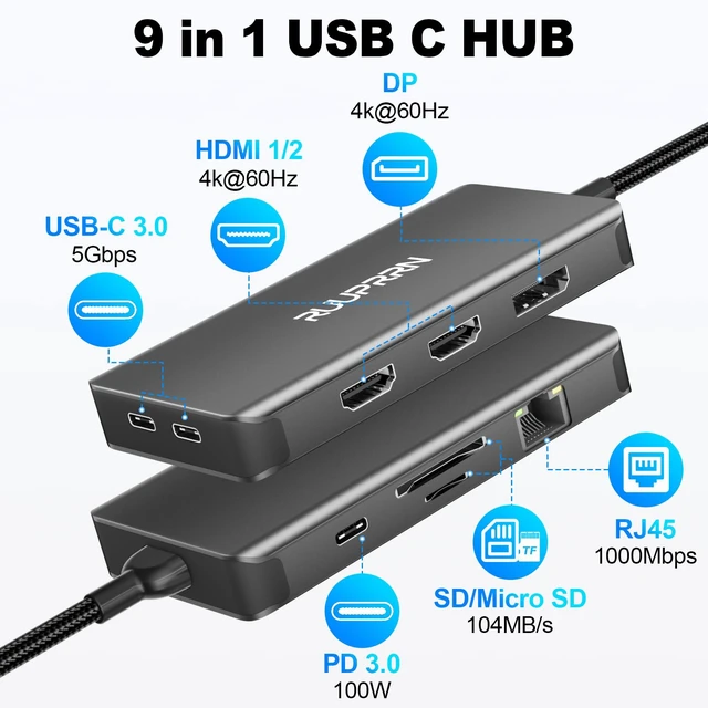 Alt view image 2 of 7 - USB C Docking Station 3 Monitors, 9 in 1 USBC Dock with 2 HDMI, DisplayPort | Laptop Docking Station with 4K@60Hz HDMI+DP, 5Gbps USB C 3.0, 1 Gbps Ethernet, SD/TF, 100W PD