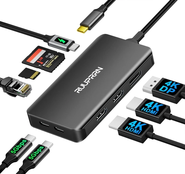 Main image of USB C Docking Station 3 Monitors, 9 in 1 USBC Dock with 2 HDMI, DisplayPort | Laptop Docking Station with 4K@60Hz HDMI+DP, 5Gbps USB C 3.0, 1 Gbps Ethernet, SD/TF, 100W PD