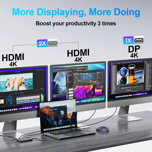 Alt view image 3 of 7 - USB C Docking Station 3 Monitors, 9 in 1 USBC Dock with 2 HDMI, DisplayPort | Laptop Docking Station with 4K@60Hz HDMI+DP, 5Gbps USB C 3.0, 1 Gbps Ethernet, SD/TF, 100W PD