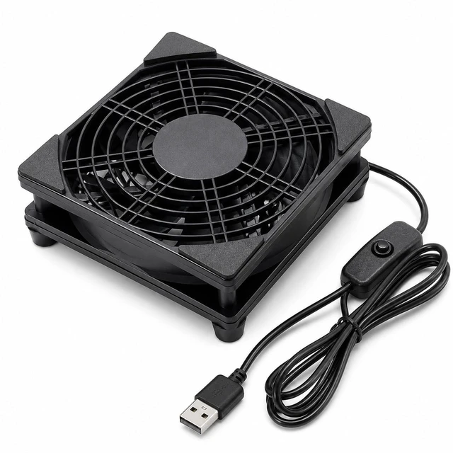 Main image of 120mm USB Cooling Fan, 5V PC Fan with On Off Switch | 1500 RPM fan with rubber feet, protective grille and 39.37 in cable for routers, receivers, TV boxes and AV cabinets.