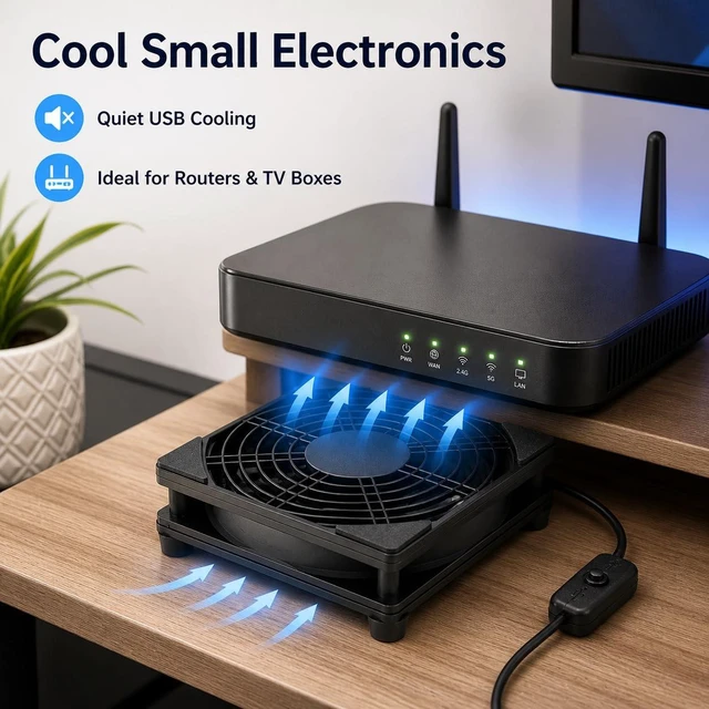 Alt view image 2 of 7 - 120mm USB Cooling Fan, 5V PC Fan with On Off Switch | 1500 RPM fan with rubber feet, protective grille and 39.37 in cable for routers, receivers, TV boxes and AV cabinets.