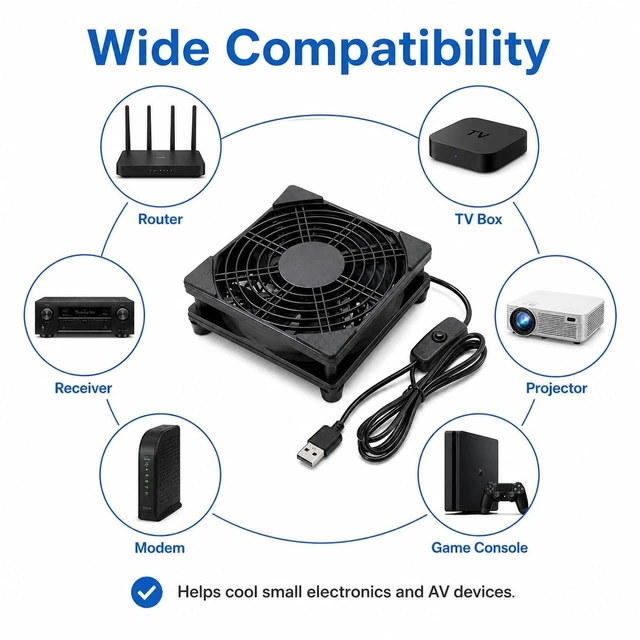 Alt view image 3 of 7 - 120mm USB Cooling Fan, 5V PC Fan with On Off Switch | 1500 RPM fan with rubber feet, protective grille and 39.37 in cable for routers, receivers, TV boxes and AV cabinets.