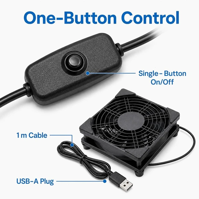Alt view image 5 of 7 - 120mm USB Cooling Fan, 5V PC Fan with On Off Switch | 1500 RPM fan with rubber feet, protective grille and 39.37 in cable for routers, receivers, TV boxes and AV cabinets.