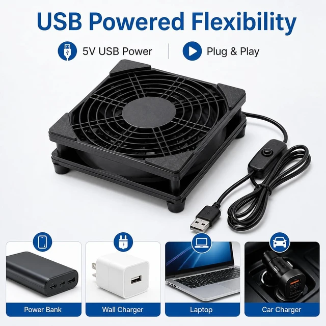 Alt view image 4 of 7 - 120mm USB Cooling Fan, 5V PC Fan with On Off Switch | 1500 RPM fan with rubber feet, protective grille and 39.37 in cable for routers, receivers, TV boxes and AV cabinets.