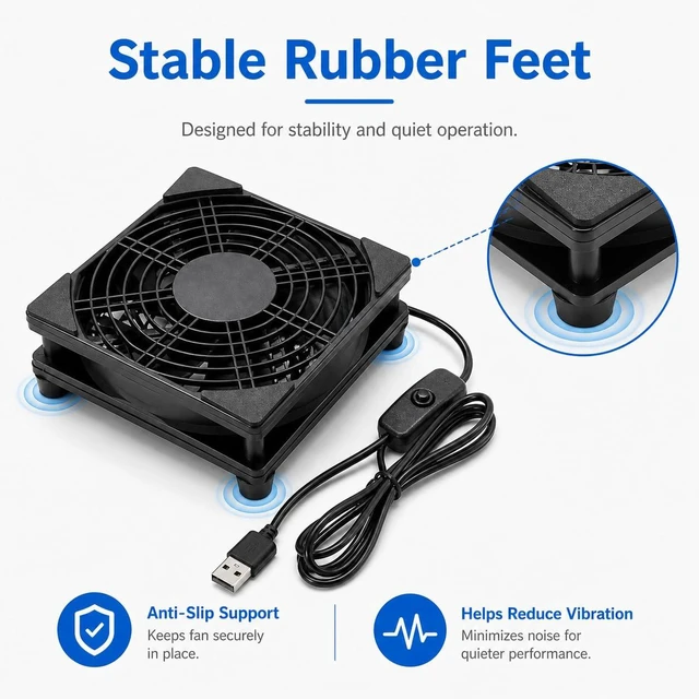 Alt view image 6 of 7 - 120mm USB Cooling Fan, 5V PC Fan with On Off Switch | 1500 RPM fan with rubber feet, protective grille and 39.37 in cable for routers, receivers, TV boxes and AV cabinets.