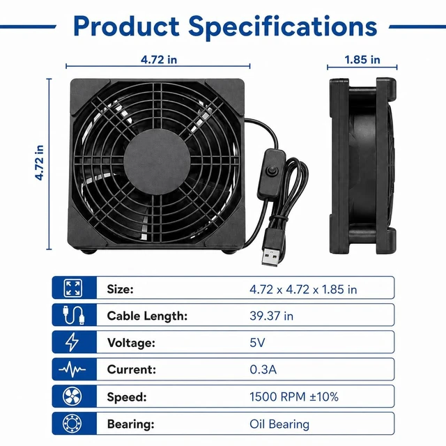 Alt view image 7 of 7 - 120mm USB Cooling Fan, 5V PC Fan with On Off Switch | 1500 RPM fan with rubber feet, protective grille and 39.37 in cable for routers, receivers, TV boxes and AV cabinets.
