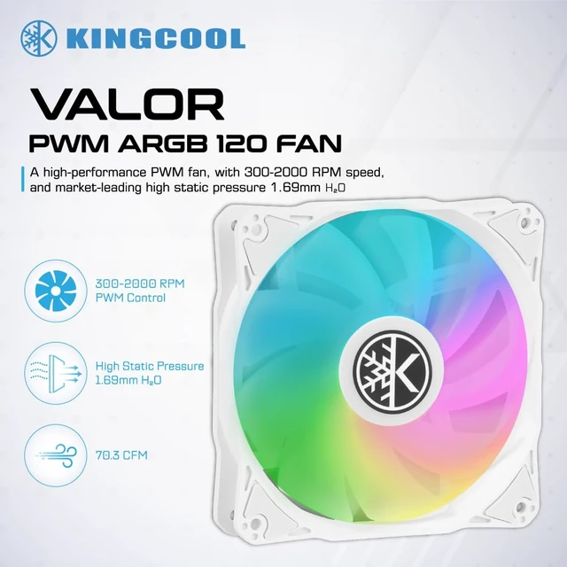 Alt view image 4 of 6 - Valor ARGB 120mm Cooling Fan Desktop PC Case Fan, White 3-Pack | Up to 2000 RPM, 50K Hrs Lifespan, FDB Bearing, 4-Pin Power Connector, High Airflow, Low Noise,For Radiator CPU Cooler as well
