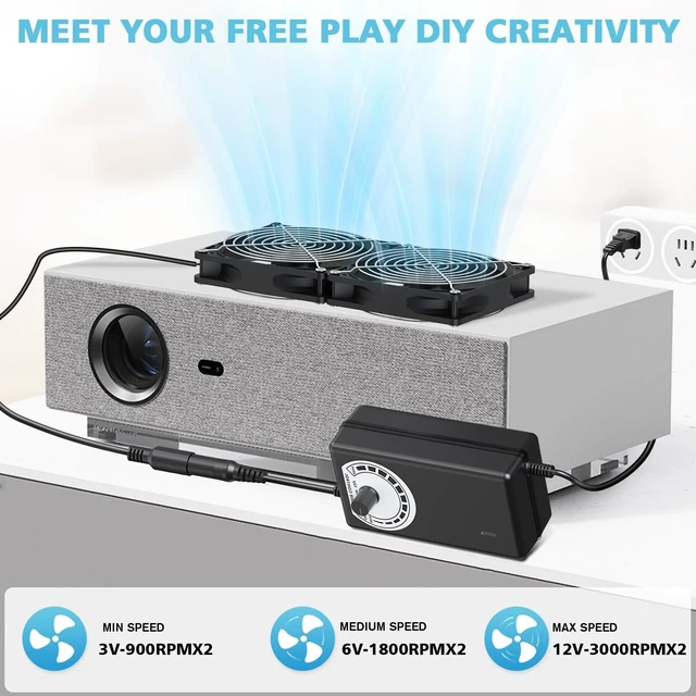 Alt view image 2 of 7 - 2 x 120mm 240mm Computer Fan with AC Plug 110V/220V to DC 12V Power Supply, Speed Controller 3V-12V Adjustable, for PC Case/Server/Cabinet/Workstation/Small Box Exhaust Cooling