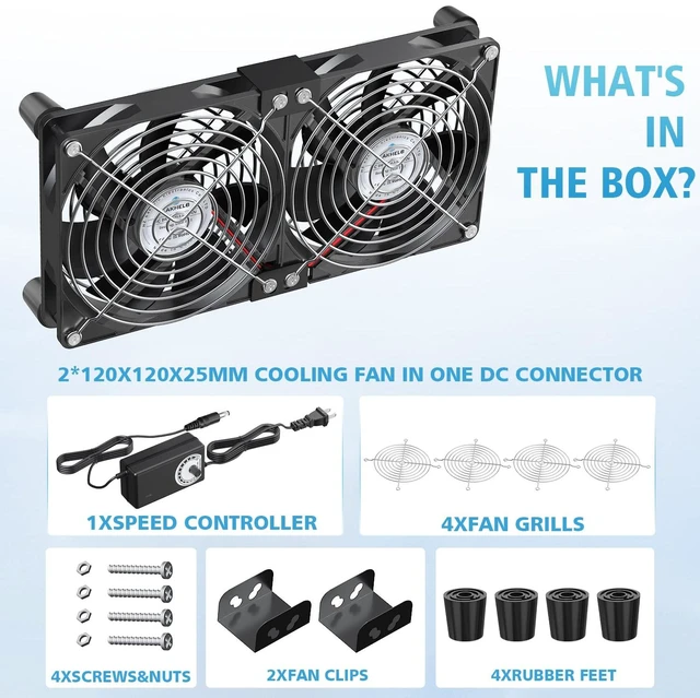 Alt view image 7 of 7 - 2 x 120mm 240mm Computer Fan with AC Plug 110V/220V to DC 12V Power Supply, Speed Controller 3V-12V Adjustable, for PC Case/Server/Cabinet/Workstation/Small Box Exhaust Cooling