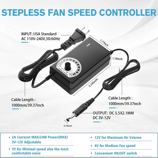 Alt view image 6 of 7 - 2 x 120mm 240mm Computer Fan with AC Plug 110V/220V to DC 12V Power Supply, Speed Controller 3V-12V Adjustable, for PC Case/Server/Cabinet/Workstation/Small Box Exhaust Cooling
