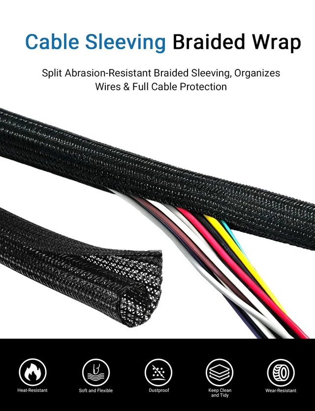 Alt view image 2 of 7 - Cable Management Sleeve,25ft 1/2in Cord Protectors from Pets No Chew Braided Wire Loom Automotive, Split Loom Tubing, Mesh Cable Sleeve for USB Cable Power Cord Audio Cable Cord Organizer