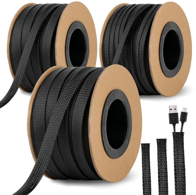 Main image of 300 Feet 1/4, 1/2, 3/8 Inches Braided Wire Loom Automotive PET Cable Loom Expandable Braided Sleeving Mesh Wire Sleeve for TV, Computer, Home Theater, Black