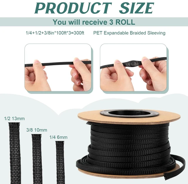 Alt view image 2 of 7 - 300 Feet 1/4, 1/2, 3/8 Inches Braided Wire Loom Automotive PET Cable Loom Expandable Braided Sleeving Mesh Wire Sleeve for TV, Computer, Home Theater, Black
