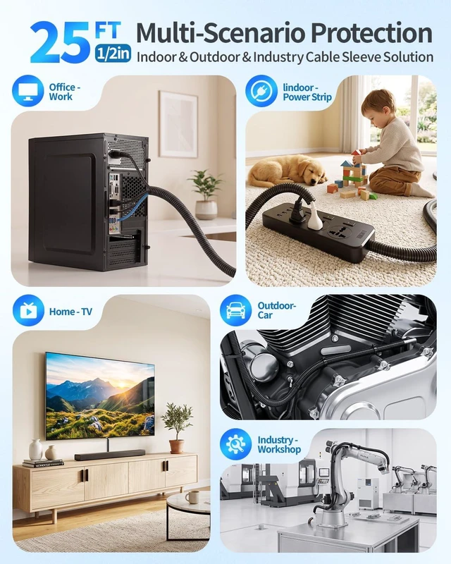Alt view image 7 of 7 - 25ft - 1/2 inch Wire Loom Tubing, Split Cable Sleeves Black Wire Loom Automotive with Installation Tool, Flame Retardant Cord Protectors from Pets no Chew