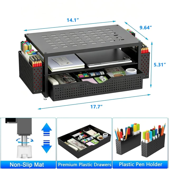 Alt view image 6 of 7 - Monitor Stand with Drawer and 2 Pen Holders | Monitor Riser Dual-Layer Storage Desk Organizers and Accessories (Black)