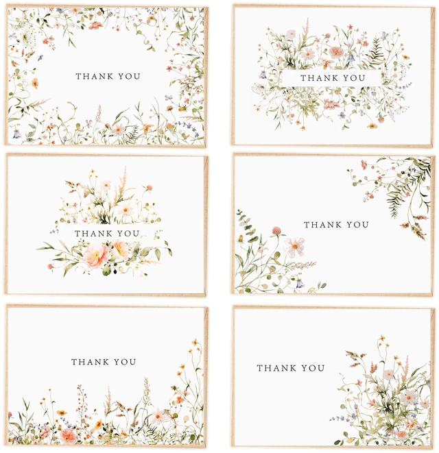 Main image of 52-pack Floral Thank You Cards Bulk with Kraft Envelopes & Matching Stickers, 3.5x5 Inches, 6 Wildflower Designs | Perfect for Weddings, Baby & Bridal Showers, Graduations & Birthday
