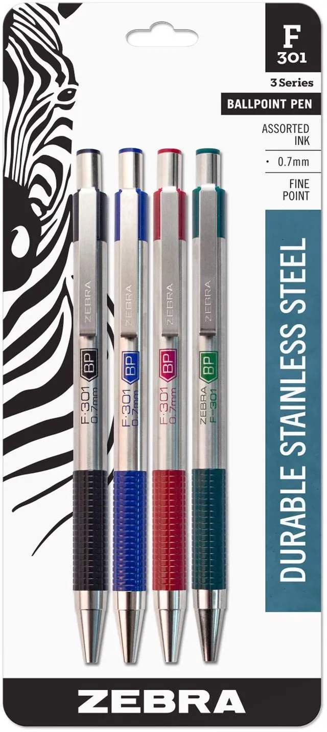 Main image of STEEL F-301 Ballpoint Pen, Black, Blue, Red, Green, 0.7mm, 4-Pack | Stainless Steel Barrel, Non-Slip Grip, Easy-Glide Ink, Fine Point, Professional Design, Ideal for Journals & Planners (27174)
