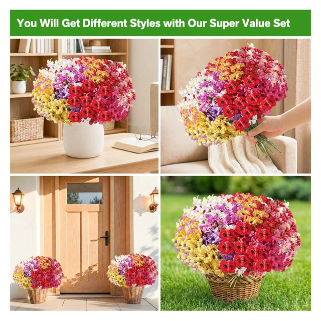 Alt view image 4 of 7 - 22 Pack Artificial Flowers for Outdoor Indoor Fake Plants(Multi-Colour) | Faux Silk Flowers for Outdoors Outside Front Porch Hanging Planter Window Box Garden Spring Decoration