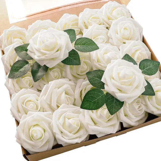 Main image of Artificial Flowers 25pcs Real Looking Ivory Foam Fake Roses with Stems for DIY Wedding Bouquets White Bridal Shower Centerpieces Arrangements Party Tables Decorations