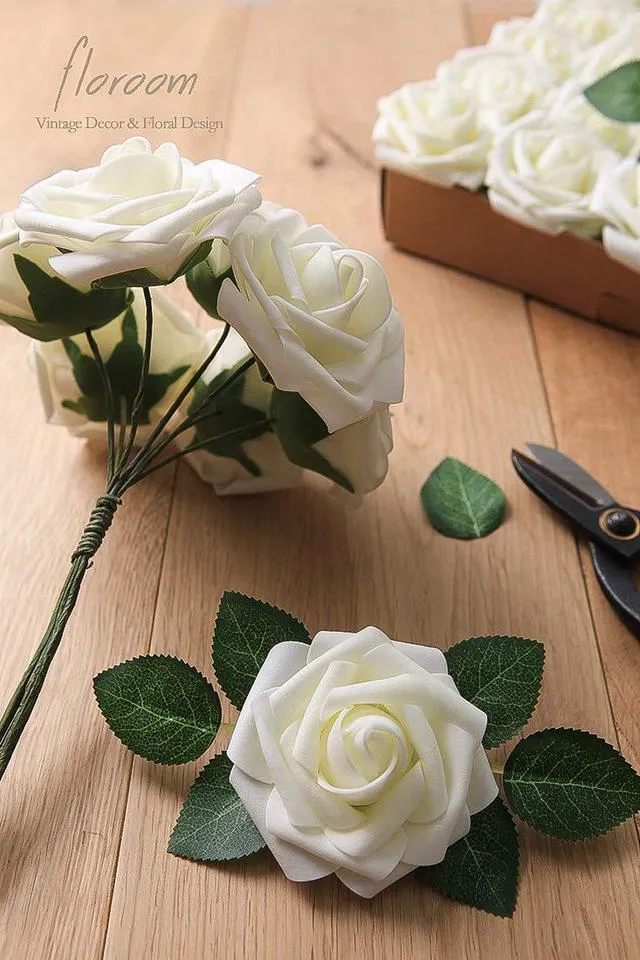 Alt view image 6 of 7 - Artificial Flowers 25pcs Real Looking Ivory Foam Fake Roses with Stems for DIY Wedding Bouquets White Bridal Shower Centerpieces Arrangements Party Tables Decorations