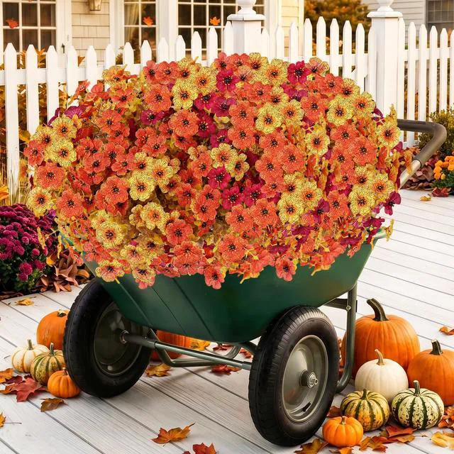 Alt view image 3 of 6 - 13 Bundles Artificial Fall Flowers Fake Mums for Outdoor (Autumn Colors) | Fake Fall Flowers Silk Flowers UV Resistant Faux Plants for Outside Front Porch Hanging Planter Garden Home Fall Decor