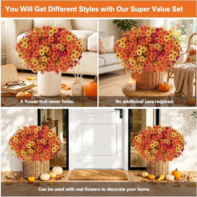 Alt view image 5 of 6 - 13 Bundles Artificial Fall Flowers Fake Mums for Outdoor (Autumn Colors) | Fake Fall Flowers Silk Flowers UV Resistant Faux Plants for Outside Front Porch Hanging Planter Garden Home Fall Decor