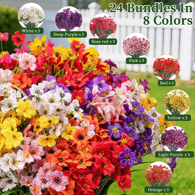 Alt view image 3 of 7 - 24 Bundles Artificial Flowers for Outdoors/Indoors, Fake Flowers Plants for Indoor Outside Garden Porch Window Box Home Wedding Farmhouse(8 Color)