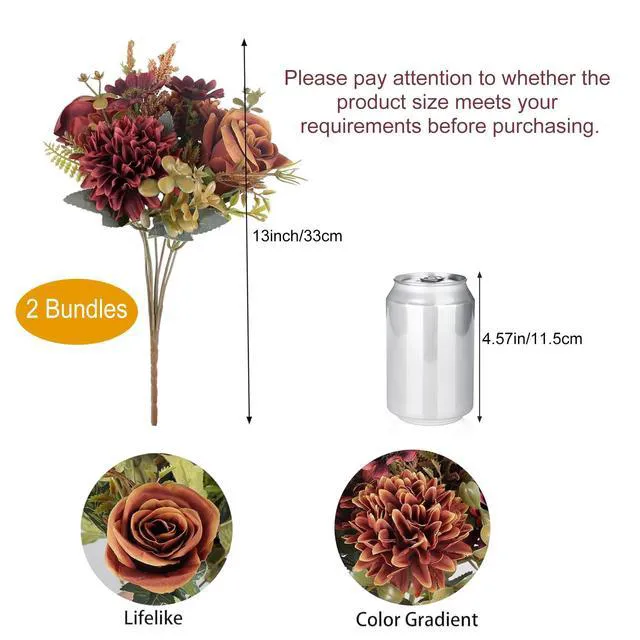 Alt view image 2 of 7 - 2 Pcs Artificial Fall Flowers, Fake Silk Fall Flowers, Orange+Red | 2 Colors Fake Roses Silk Bouquets with Hydrangea Autumn Faux Flowers Arrangements for Home Wedding Table Centerpieces Decor