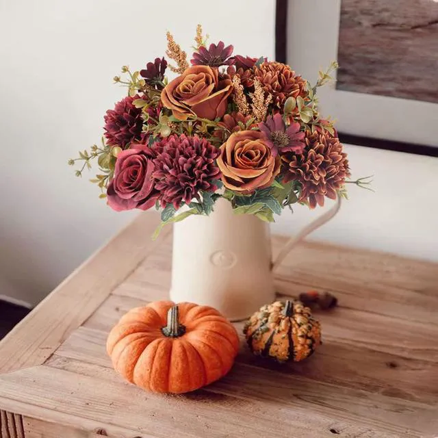 Alt view image 3 of 7 - 2 Pcs Artificial Fall Flowers, Fake Silk Fall Flowers, Orange+Red | 2 Colors Fake Roses Silk Bouquets with Hydrangea Autumn Faux Flowers Arrangements for Home Wedding Table Centerpieces Decor