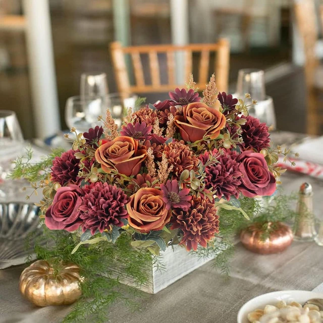 Alt view image 6 of 7 - 2 Pcs Artificial Fall Flowers, Fake Silk Fall Flowers, Orange+Red | 2 Colors Fake Roses Silk Bouquets with Hydrangea Autumn Faux Flowers Arrangements for Home Wedding Table Centerpieces Decor