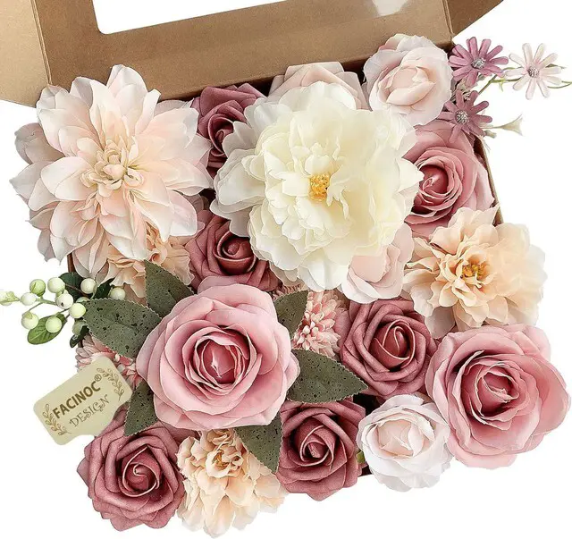 Main image of Roses Artificial Flowers Pink Bouquets Box Set for DIY Bridal Wedding Shower Decorations Fake Floral Arrangements for Party Table Centerpieces Home Decor Indoor Outdoor Dusty Blush 19pcs