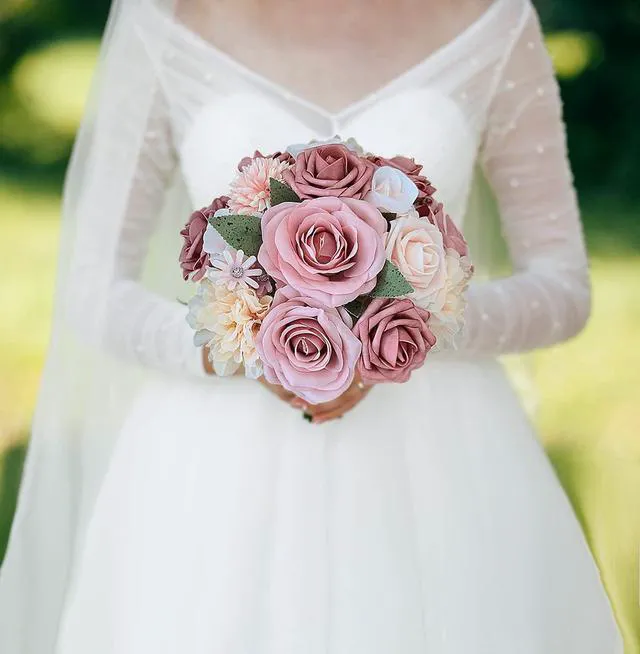 Alt view image 2 of 7 - Roses Artificial Flowers Pink Bouquets Box Set for DIY Bridal Wedding Shower Decorations Fake Floral Arrangements for Party Table Centerpieces Home Decor Indoor Outdoor Dusty Blush 19pcs