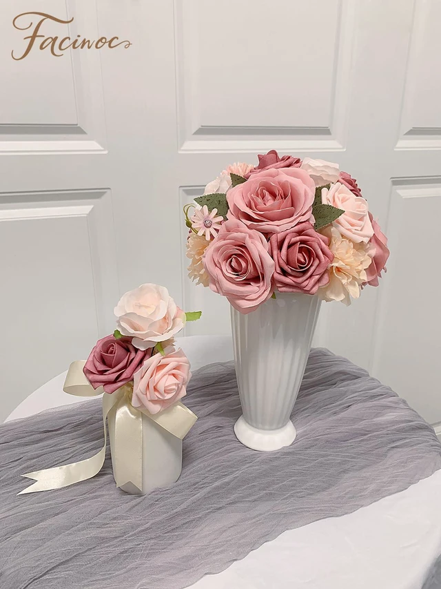 Alt view image 6 of 7 - Roses Artificial Flowers Pink Bouquets Box Set for DIY Bridal Wedding Shower Decorations Fake Floral Arrangements for Party Table Centerpieces Home Decor Indoor Outdoor Dusty Blush 19pcs