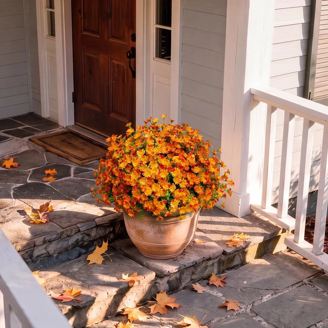 Alt view image 3 of 7 - 8 Bundles Artificial Flowers for Outdoors Faux Mums for Outdoor Planters UV Resistant Fake Fall Flowers Orange Daisy Bulk for Home Gardenr Window Box Pathway Plante Wedding Decor (Orange)