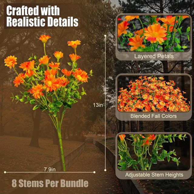 Alt view image 5 of 7 - 8 Bundles Artificial Flowers for Outdoors Faux Mums for Outdoor Planters UV Resistant Fake Fall Flowers Orange Daisy Bulk for Home Gardenr Window Box Pathway Plante Wedding Decor (Orange)