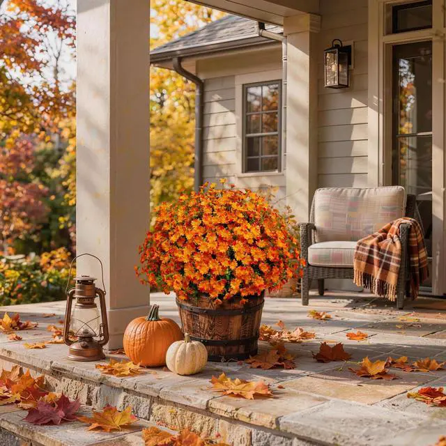 Alt view image 6 of 7 - 8 Bundles Artificial Flowers for Outdoors Faux Mums for Outdoor Planters UV Resistant Fake Fall Flowers Orange Daisy Bulk for Home Gardenr Window Box Pathway Plante Wedding Decor (Orange)