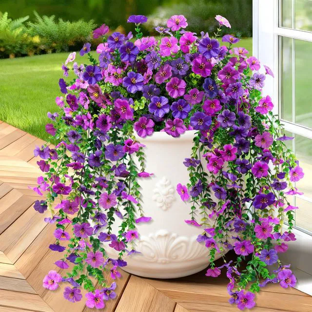 Main image of 2 Pcs Artificial Hanging Flowers, UV Resistant Fake Flowers, Double Purple | Flexible Stems, Full Bundle Faux Flowers for Outdoor Planters, Zero Maintenance for Patio, Garden, Balcony