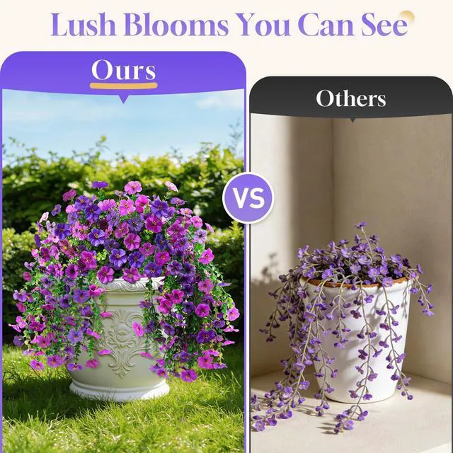 Alt view image 3 of 7 - 2 Pcs Artificial Hanging Flowers, UV Resistant Fake Flowers, Double Purple | Flexible Stems, Full Bundle Faux Flowers for Outdoor Planters, Zero Maintenance for Patio, Garden, Balcony