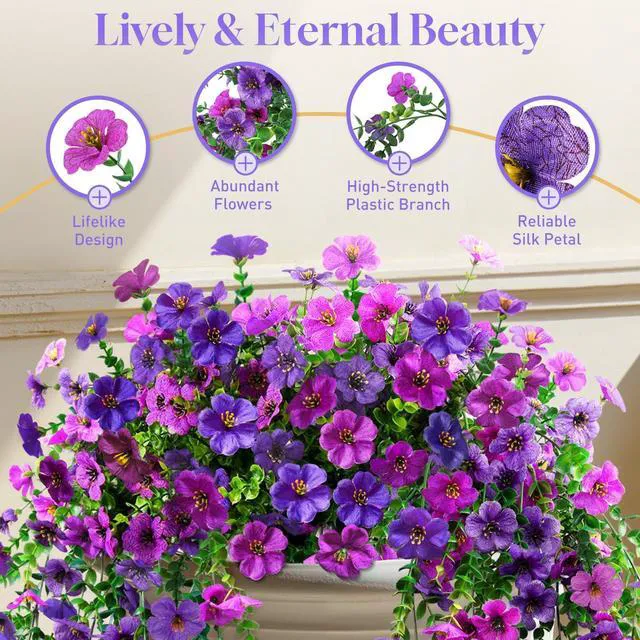 Alt view image 4 of 7 - 2 Pcs Artificial Hanging Flowers, UV Resistant Fake Flowers, Double Purple | Flexible Stems, Full Bundle Faux Flowers for Outdoor Planters, Zero Maintenance for Patio, Garden, Balcony