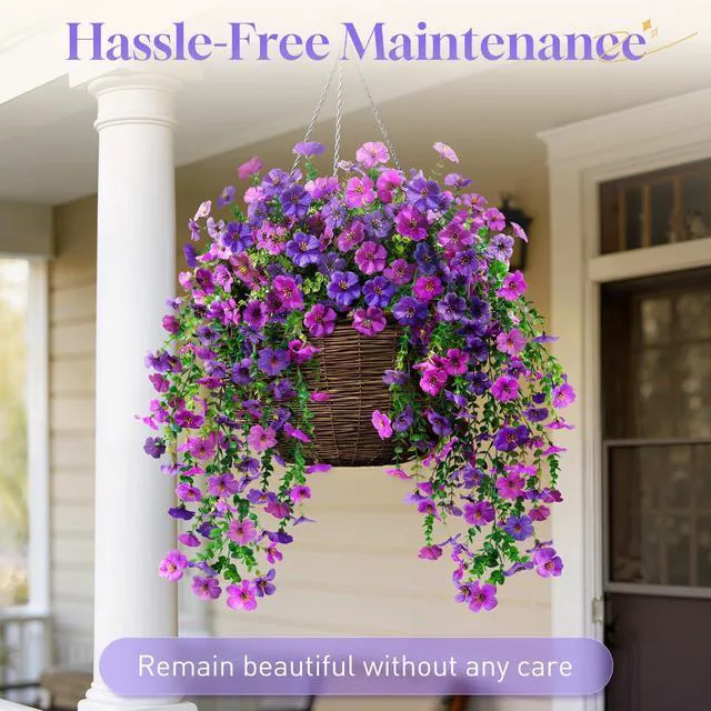 Alt view image 6 of 7 - 2 Pcs Artificial Hanging Flowers, UV Resistant Fake Flowers, Double Purple | Flexible Stems, Full Bundle Faux Flowers for Outdoor Planters, Zero Maintenance for Patio, Garden, Balcony