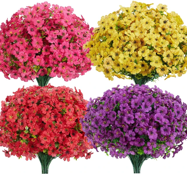 Main image of Artificial Flowers for Outdoors Fake Silk Faux Plant 4 Hues 12 Pcs | Outdoors, UV Resistant, Indoor, Outside, Bendable, Adjustable Stems, Look Real, Cemetry, Decoration, Patio, Planter, Pots