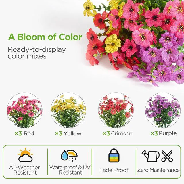 Alt view image 3 of 7 - Artificial Flowers for Outdoors Fake Silk Faux Plant 4 Hues 12 Pcs | Outdoors, UV Resistant, Indoor, Outside, Bendable, Adjustable Stems, Look Real, Cemetry, Decoration, Patio, Planter, Pots