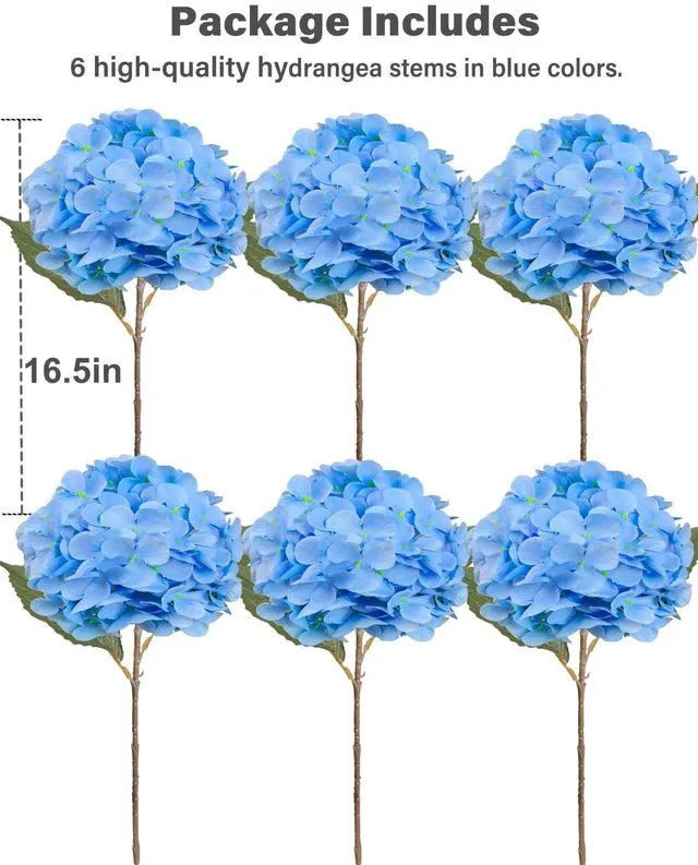 Alt view image 2 of 7 - 6PCS Premium Blue Hydrangea Artificial Flowers, Realistic Silk Fake Hydrangeas with Stems, Faux Flower Arrangement for Home Wedding Bouquets Table Centerpieces Decoration