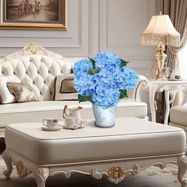 Alt view image 6 of 7 - 6PCS Premium Blue Hydrangea Artificial Flowers, Realistic Silk Fake Hydrangeas with Stems, Faux Flower Arrangement for Home Wedding Bouquets Table Centerpieces Decoration