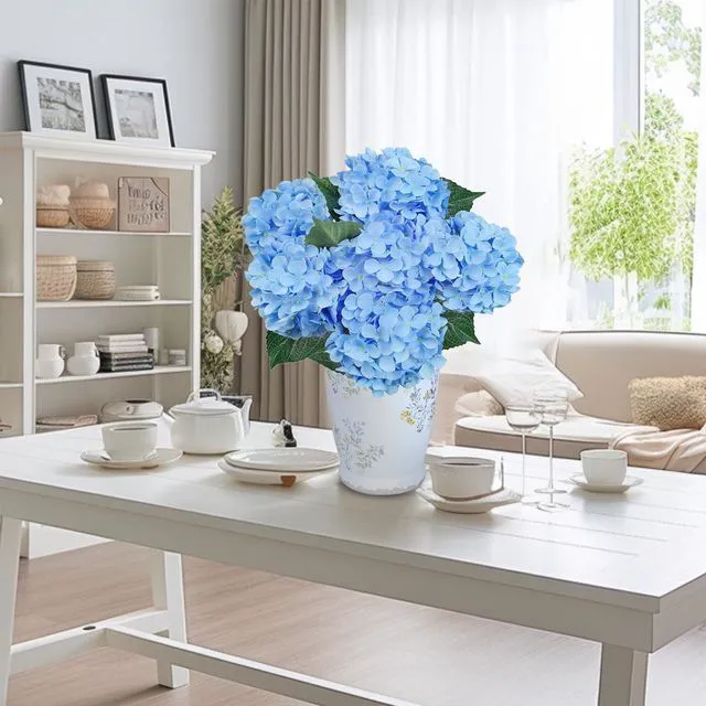 Alt view image 7 of 7 - 6PCS Premium Blue Hydrangea Artificial Flowers, Realistic Silk Fake Hydrangeas with Stems, Faux Flower Arrangement for Home Wedding Bouquets Table Centerpieces Decoration