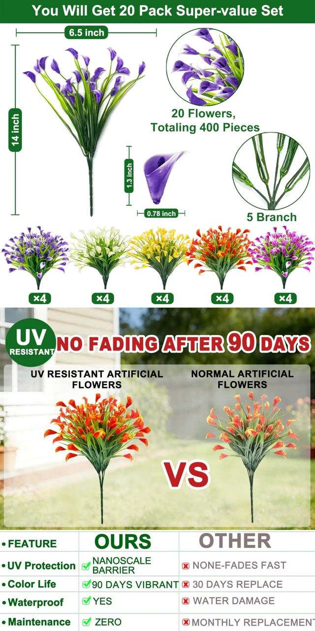 Alt view image 2 of 7 - 20 Bundles Calla Lily (400 Heads) Artificial Flowers for Outdoors | Fake Plants UV Resistant Faux Plastic Fake Flowers for Indoor Planter Porch Gardens Home Summer Cemetery Decor(Color Mix)