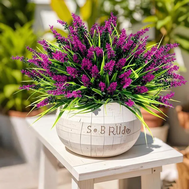 Alt view image 2 of 7 - 24 Bundles Artificial Lavender Flowers Outdoor, Fuchsia | UV Resistant Faux Plants with Monkey Grass, Realistic Plastic Flowers for Garden Porch Window Box Patio Hanging Planter Decor