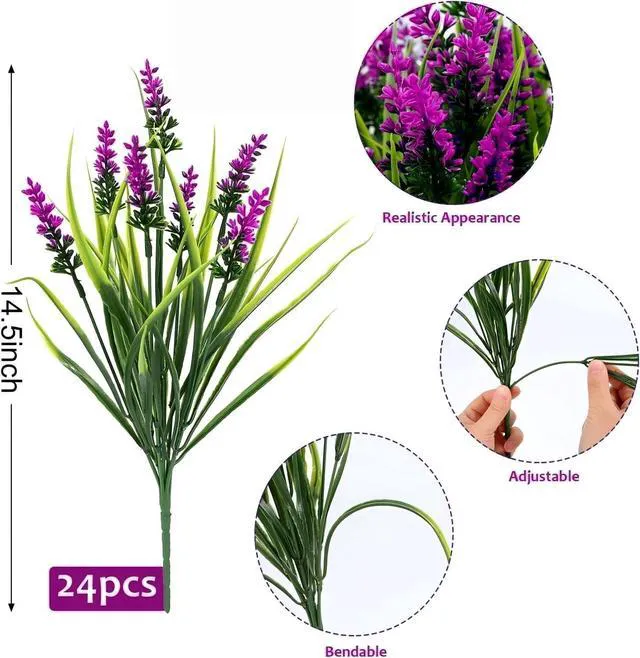 Alt view image 3 of 7 - 24 Bundles Artificial Lavender Flowers Outdoor, Fuchsia | UV Resistant Faux Plants with Monkey Grass, Realistic Plastic Flowers for Garden Porch Window Box Patio Hanging Planter Decor