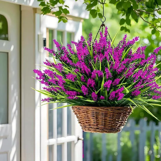 Alt view image 4 of 7 - 24 Bundles Artificial Lavender Flowers Outdoor, Fuchsia | UV Resistant Faux Plants with Monkey Grass, Realistic Plastic Flowers for Garden Porch Window Box Patio Hanging Planter Decor